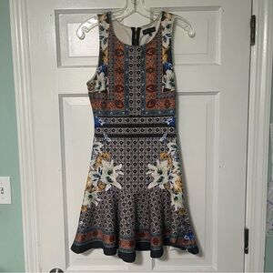 Jealous Tomato Blue and Orange Patterned scuba flounce sleeveless Mini Dress